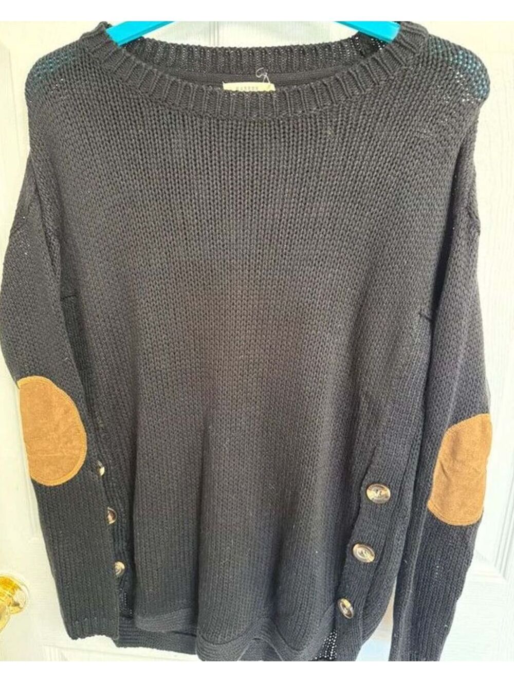 Harper Heritage Black Knit Sweater Button and Elbow Patch Details Size Small